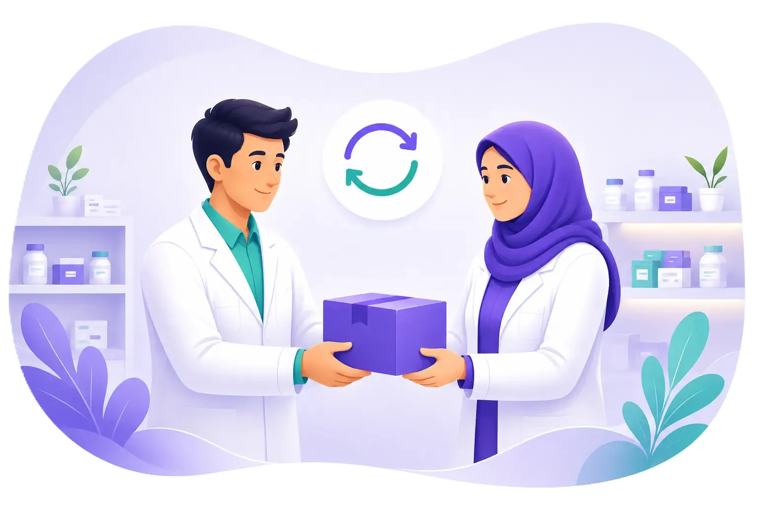 Two pharmacists handing over a box of products in a pharmacy