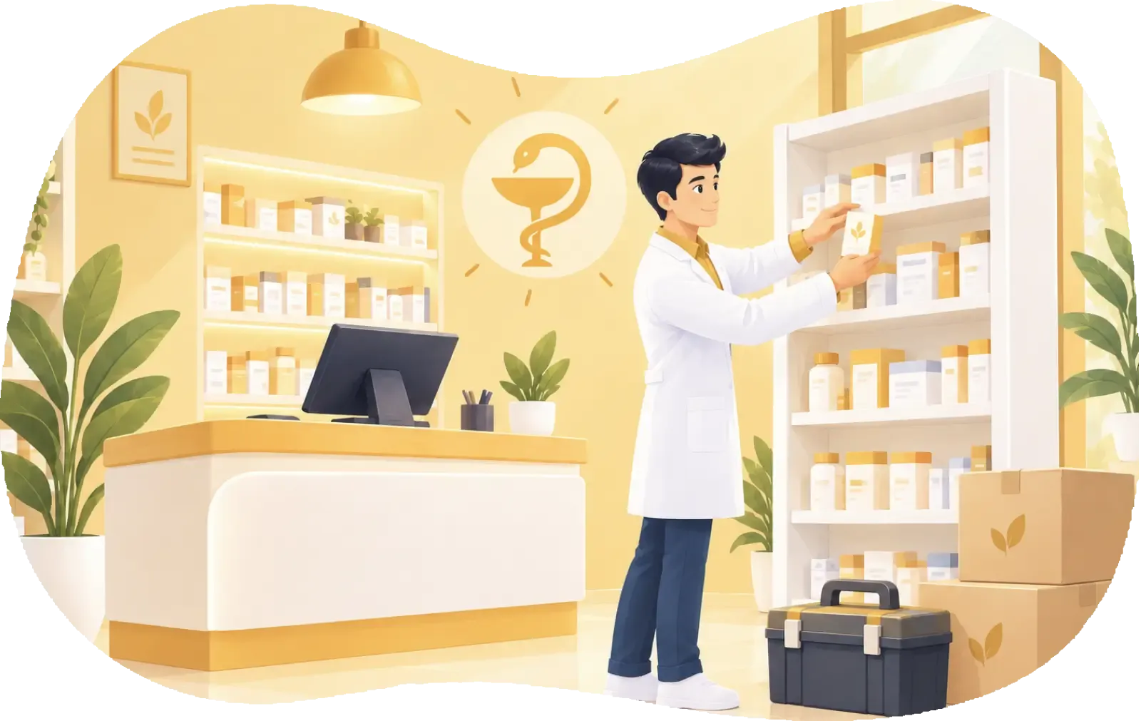 Pharmacy interior with its counter, shelves and furniture